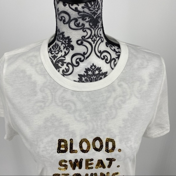 Bow & Drape Womens Blood Sweat Sequins Slogan Tee - Picture 8 of 15